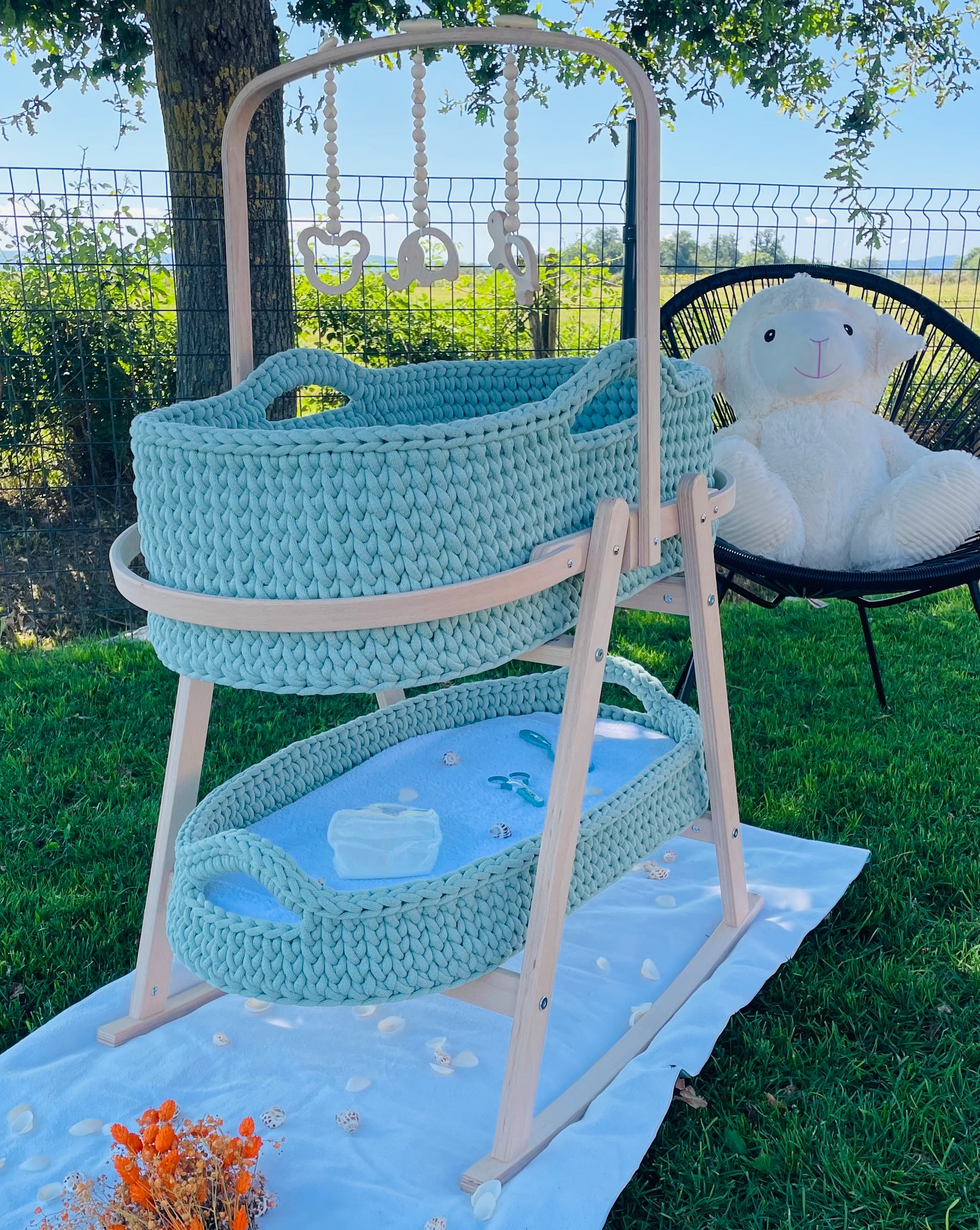 Kit DIY crochet pour couffin bébé - avec base en bois et corde coton tressée Jumbo 9mm